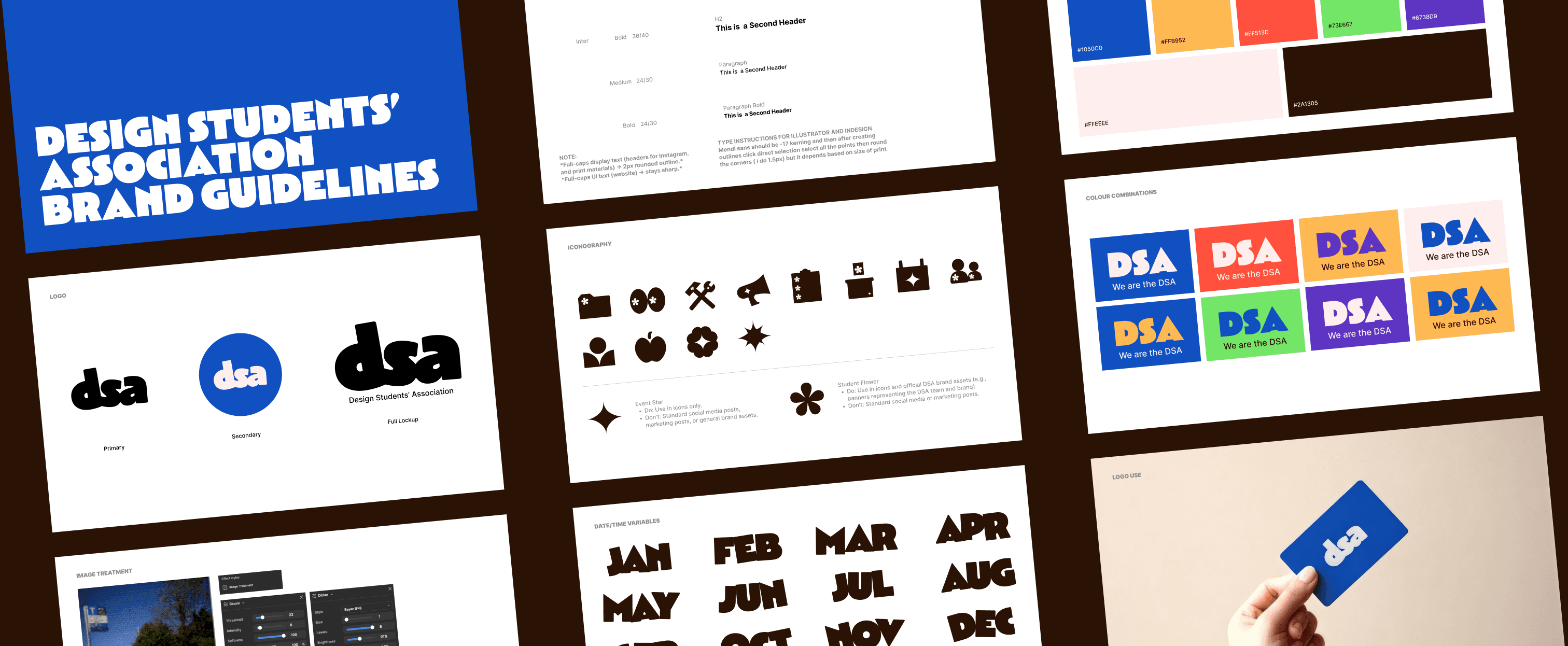DSA brand guidelines covering logo, iconography, type, and colour